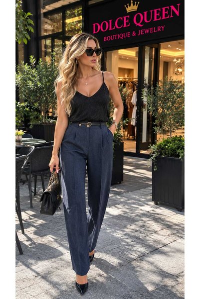 DOLCE QUEEN Women's High Waist Belted Fabric Trousers