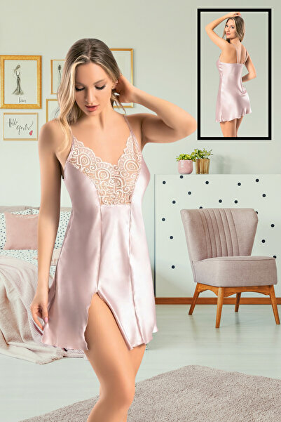 Kadın Pembe Saten Dantel Dekolteli Yırtmaçlı Mini Gecelik VR.M21.L10.Y01