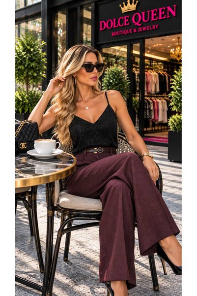 DOLCE QUEEN Women's High Waist Belted Fabric Trousers