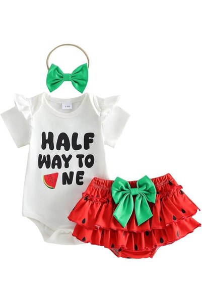 GENERAL Half Birthday Outfit Baby Girl Romper Ruffle Bloomer Shorts Headband ...