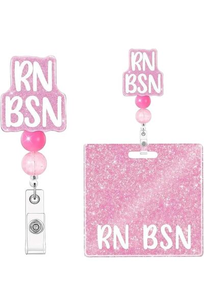 GENERAL RN BSN Pink Glitter Badge Reel & Badge Buddy Set with Decorative Beads