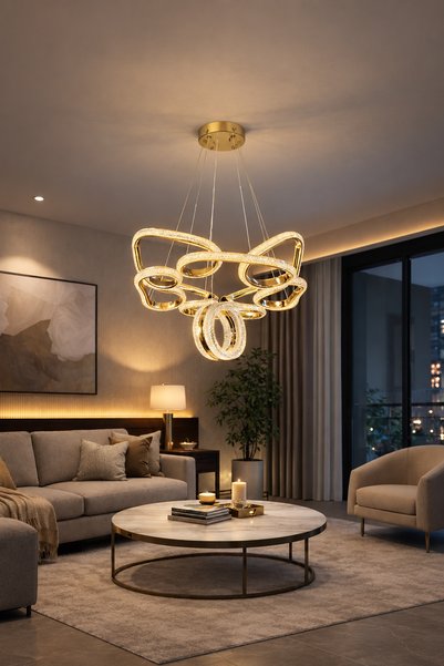 MARKATECH Porto Cristalya Gold Kaplama 3 Renk LED Sarkıt Avize, Çap 45 cm