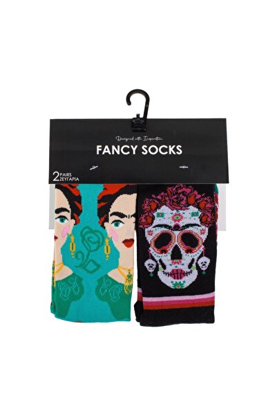 OEM Șosete femei Frida Kahlo & Muertos negru/verde, 2 perechi – model artistic