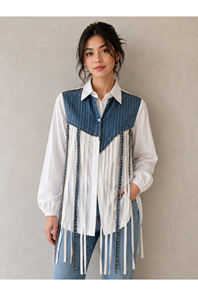 Bellissima BLUE & WHITE EMBELLISHED PANEL SHIRT