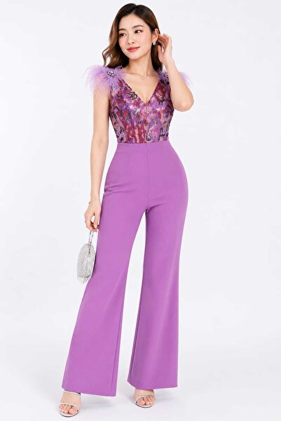 Bellissima Lavender Sequin & Feather Jumpsuit