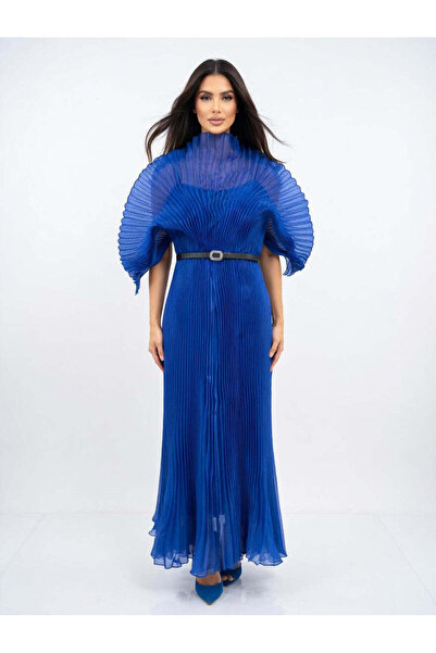 Bellissima Sapphire Pleated Fan-Sleeve Gown