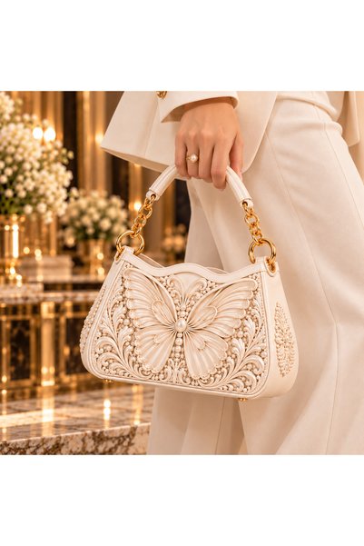 İncilaPearla White Butterfly Embossed Floral Patterned Women's Hand and Shoulder Bag - Special Design