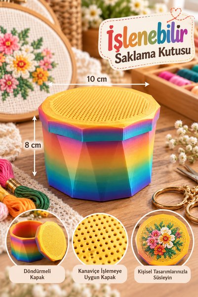 LİVA CRAFT Art & Craft İşlenebilir Kanaviçe Kapaklı Saklama Kutusu, Gökkuşağı...