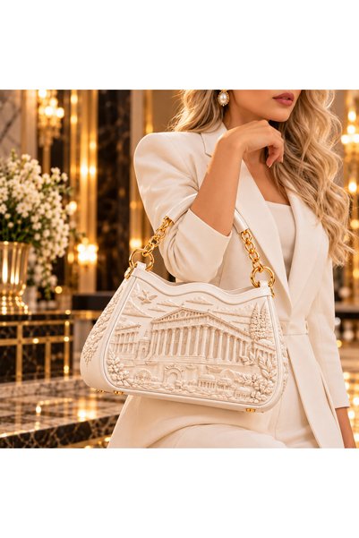 İncilaPearla White Ancient Greek Temple Relief Design Women's Shoulder Bag with Gold Chain Detail – Special Design