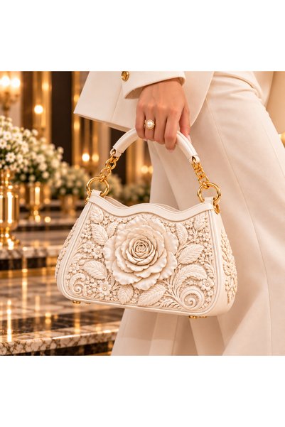 İncilaPearla White Rose Floral 3D Relief Design Women's Hand and Shoulder Bag with Gold Chain Detail – Special Design