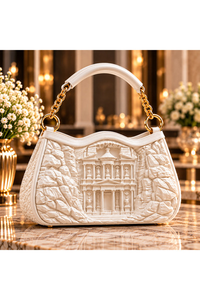 İncilaPearla White Petra Ancient City Relief Design Women's Hand and Shoulder Bag – 3D Special Design