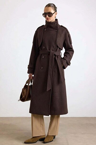 Olcay Oversized Coat with Stand Collar, Epaulettes and Cape Detail Brown 3198