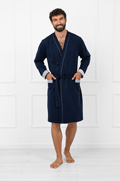 Italian Fashion Halat de baie cu mânecă lungă Gabriel, albastru marin/melanj