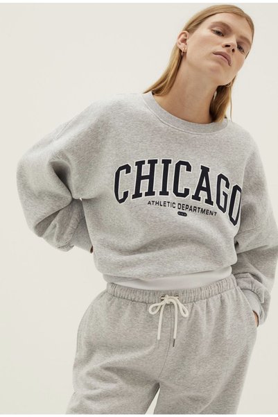 HAI COLLECTİON Women's Oversize Hooded Sweatshirt Chicago Printed Gray Hoodie