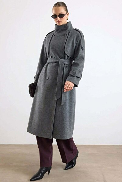Olcay Oversized Coat with Stand Collar, Epaulettes and Cape Detail Dark Gray ...