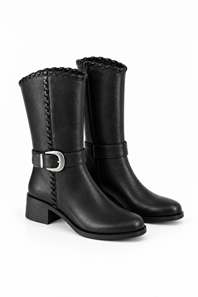 Solo Bag Women's Black Leather Ankle Buckle Detailed Belted Short Thick Heele...