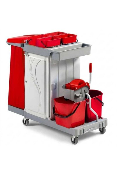 FILMOP Plastic Multifunction Trolley with Wringer Janitorial Cart for Hotels Red