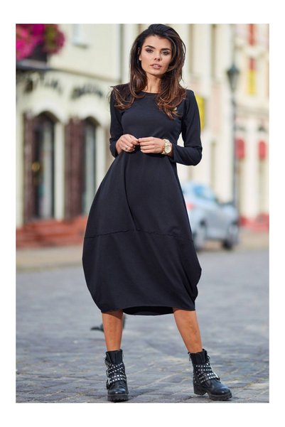 Infinite You Rochie midi tip balon din bumbac, cu mâneci lungi, neagră.