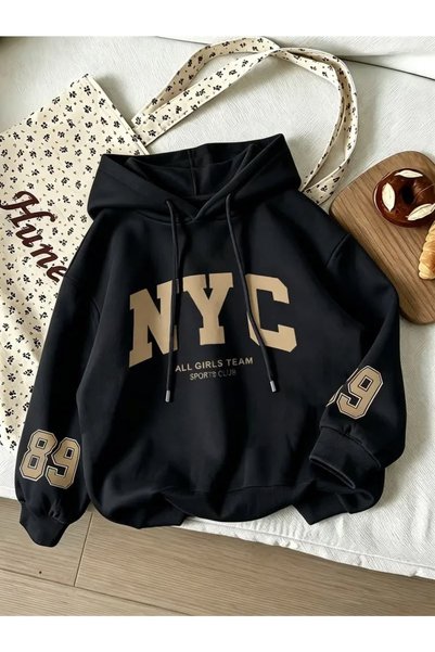 HAI COLLECTİON Women's Oversize Hooded Sweatshirt Nyc Printed Black Hoodie