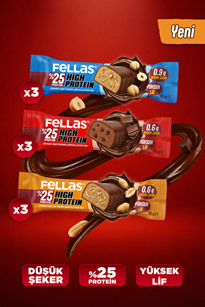 Fellas Çikolata Kaplı Yüksek Protein Bar (40 g) - Karma Kutu (3 x 3)