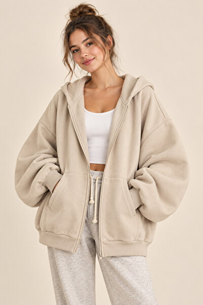 FAVORİST Women's Hooded Three-Thread Ribbed Zippered Balloon Sleeve Cardigan