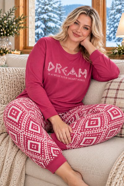 ELİTOL Plum Dream Patterned Luxury Thermal Plus Size Women's Pajama Set