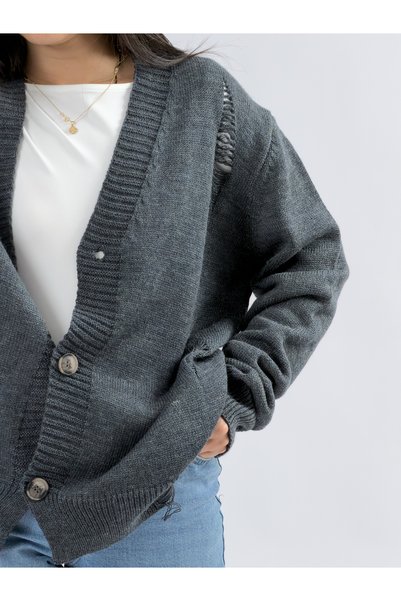COCOPELLI Ripped Detailed Anthracite Knitwear Women's Cardigan Coc3585