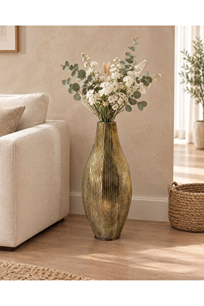 Theraphy Home Glamour Pliseli Dokulu Eskitme Dore Büyük Metal Vazo – 61.5 cm