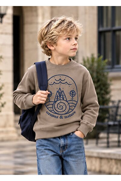 Ozmoz By Mukadder Özden Organic Graphic Printed Khaki Winter Boys' Sweatshirt