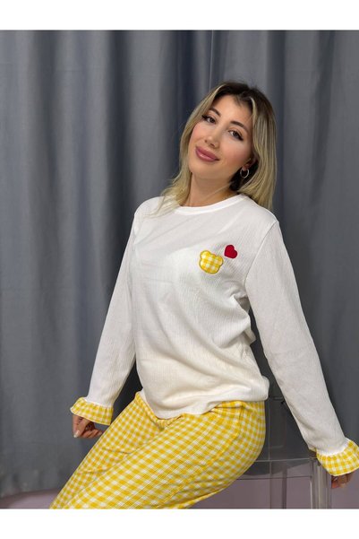 BUTİK PİCAMA Kadın Beyaz Üst Ekose Nakışlı Pijama Takımı Uzun Kollu Ev Giyim