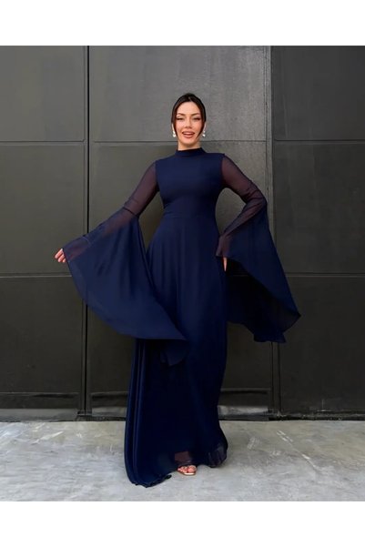 Klex Dökümlü Detaylı Uzun Kollu Maxi Elbise 0011