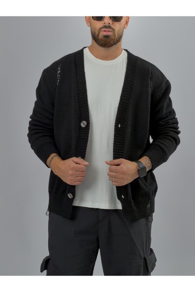 COCOPELLI Ripped Detailed Black Knitwear Men's Cardigan Coc3586