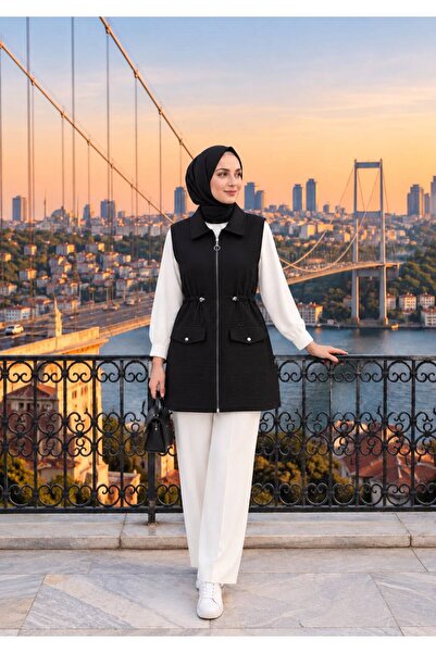 HASALL BUTİK KAPİTONE FERMUARLI CEP KAPAKLI YELEK TÜNELLİ BELDEN OTURTMA