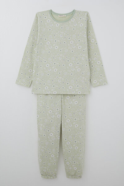 Breeze Girl's Pajama Set with Floral Pattern, Ages 9-12, Water Green