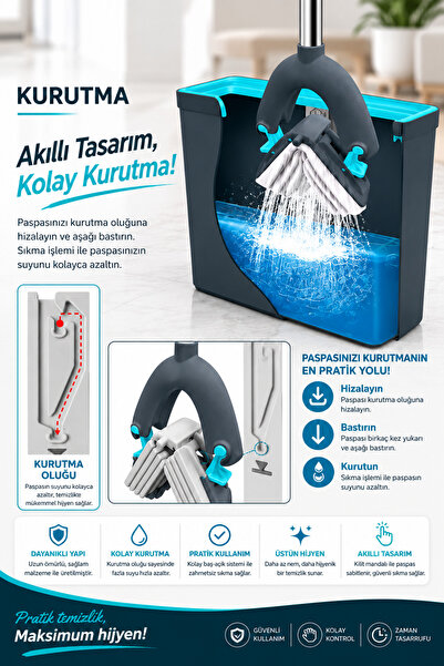 grimorlife PVA Süngerli Paspas Mop Seti 8 Litre – Yüksek Su Emici, İz Bırakmayan, Sıkma Sistemli Temizlik Kovası- 1 ADET YEDEK BEZ HEDİYELİ