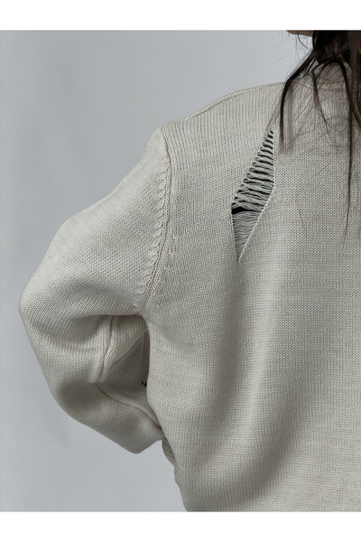 COCOPELLI Ripped Detailed Beige Knitwear Women's Cardigan Coc3583