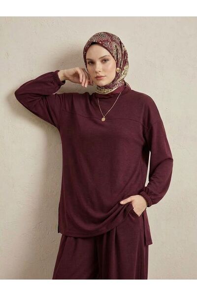 Lunsera Store طقم شالوار بتفاصيل روبا أمامية - أحمر داكن