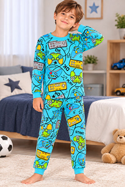 Erkek çocuk %100 pamuklu oyun kolu desenli uzun kollu pijama takımı