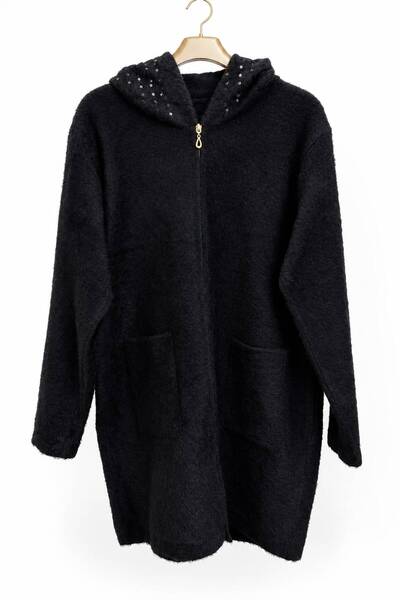 jooq Women's Hooded Plush Textured Long Cardigan with Sequin Detail