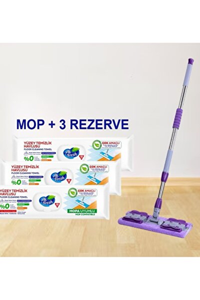 AKFRESH Pachet promoțional Mop plat cu mâner telescopic + 3 pachete șervețele...