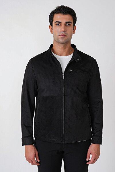 Efor Slim Fit Side Pockets High Collar Black Suede Coat Mt 187