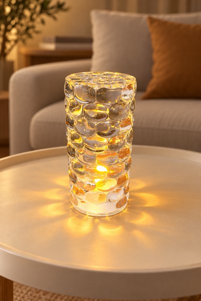 ERKUGO Damla Kristal Görünümlü LED Mum 5,5 x 12 cm Sıcak Sarı Işıklı Şeffaf D...