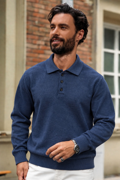 DAMGA JEANS Pulover albastru cu mânecă lungă și guler polo pentru bărbați