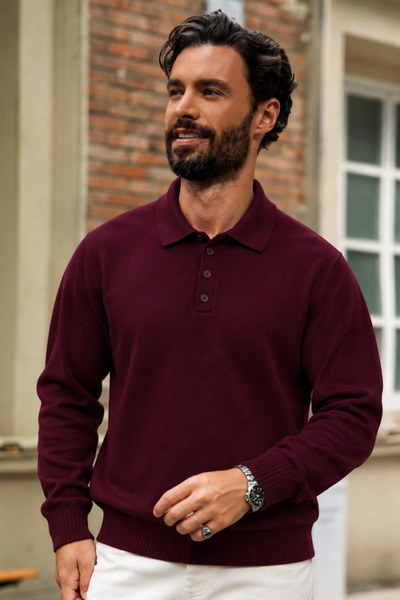 DAMGA JEANS Pulover pentru bărbați cu mânecă lungă, guler polo, culoare burgundy