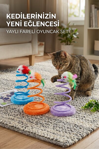 Duffa Yaylı Fareli Kedi Oyuncağı - Peluş Tabanlı İnteraktif Hacıyatmaz Kedi Eğlence Seti