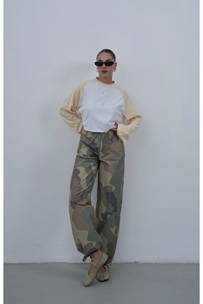 ZS Zey Studio Women's Khaki Camouflage Patterned Trousers with Adjustable Leg Detail