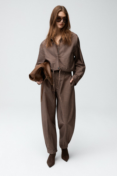 GRIMELANGE Lumiere women's relaxed fit parachute brown-plaid pants with pleat...