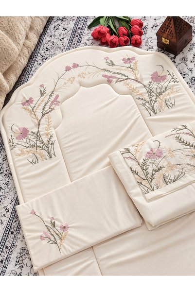 BIET ALMAFROSHAT Cream Embroidered Prayer Set with Prayer Mat and Matching Fa...