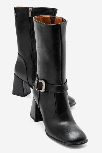 by selvi Lukka Shoes Alice Women's Black Faux Leather Buckle Detailed 7.5cm Heel Women's Long Boots