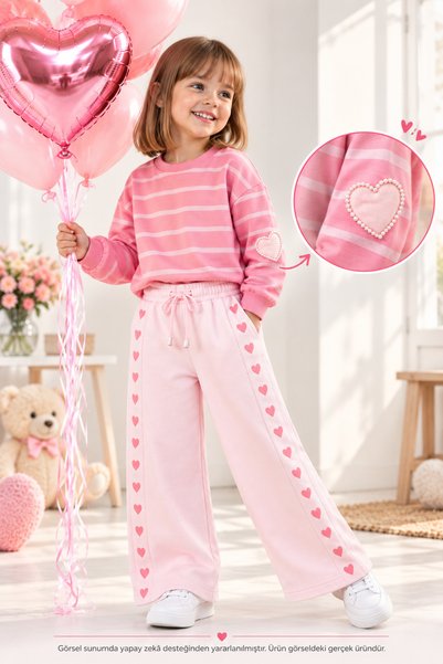 VİTRİNMİXMİNİ Kız Çocuk Pembe Kalp Detaylı Çizgili Sweatshirt & Eşofman Altı ...